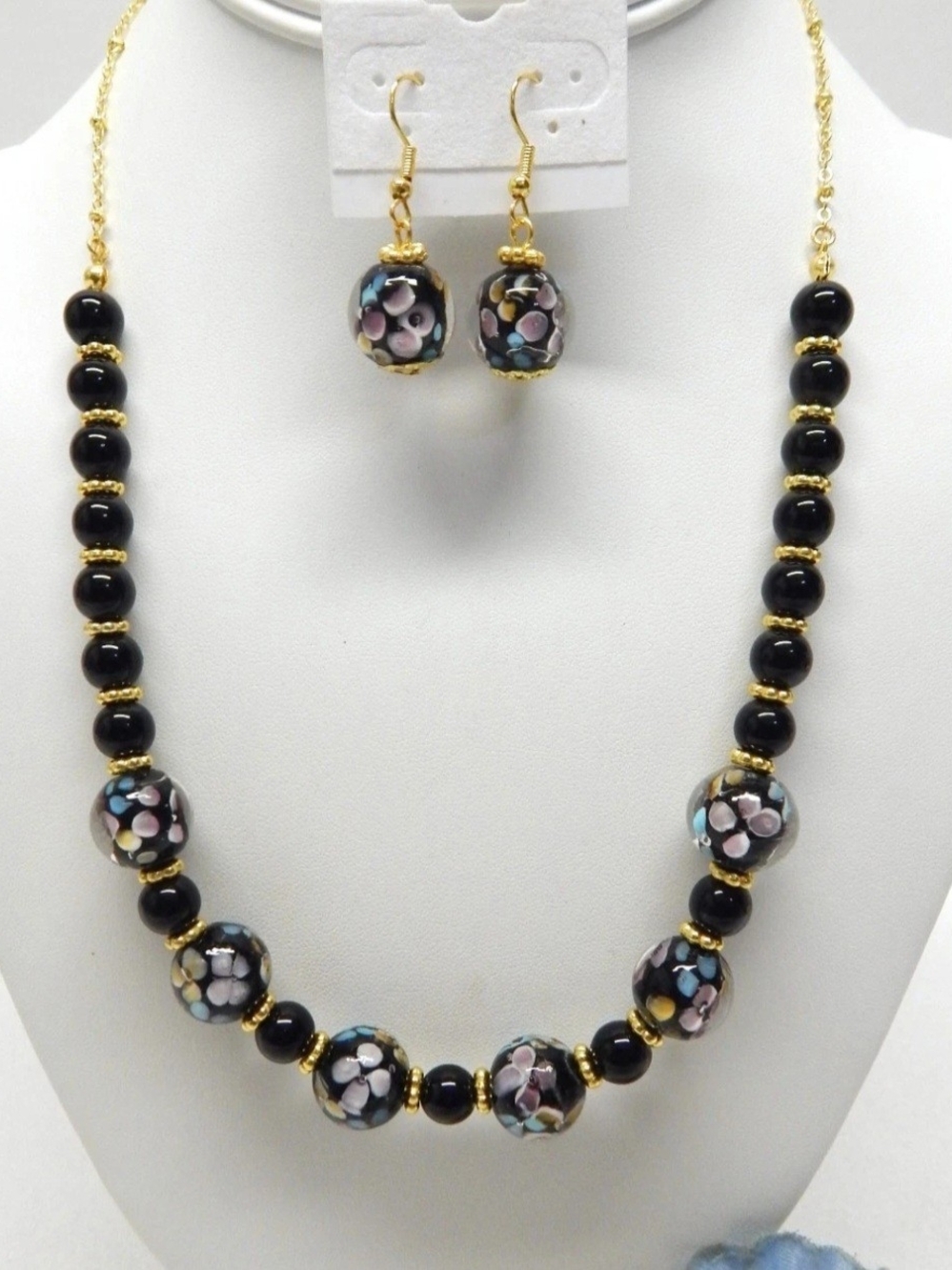 Black Glass Bead Necklace and Earrings Set with Floral Accents Lamp Work Art Gl